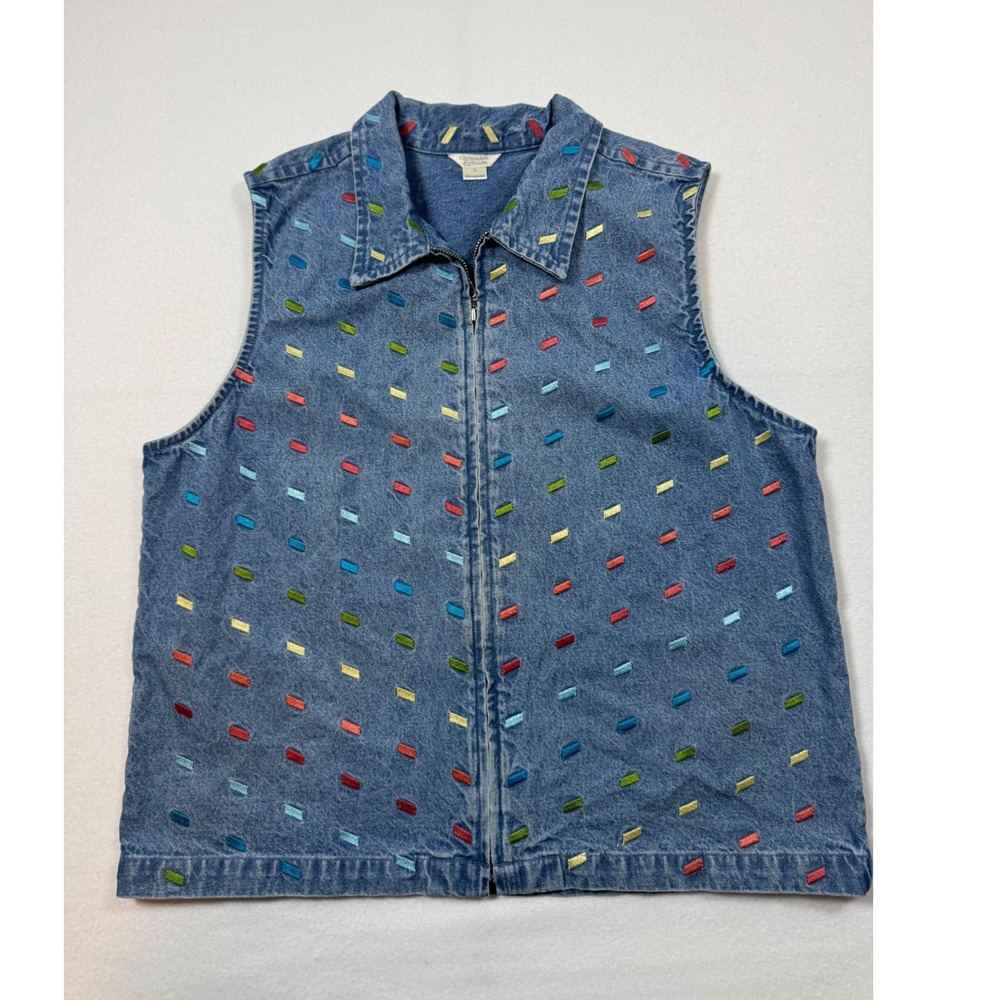 Art Teacher Vintage  Christopher & Banks Large Embroidered Denim Vest Blue Multi